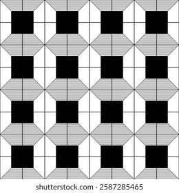 Monochrome geometric mosaic with squares and trapezoids, repeating tile pattern for graphic design projects.