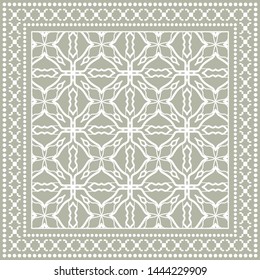 Monochrome geometric ornament with frame border, line pattern in arabic style. Decorative hand drawn background. Bandanna shawl, hijab, tablecloth fabric print, silk neck scarf, kerchief design