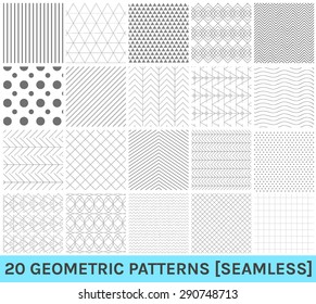 Monochrome geometric ornaments. Set of geometric vector seamless patterns. 