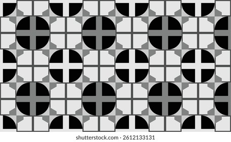 Monochrome geometric pattern with circle and cross motifs arranged in a grid layout.