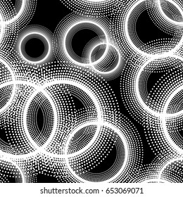 Monochrome geometric pattern with circles and dots. Modern stylish halftone texture. Seamless background. Vector clip art.