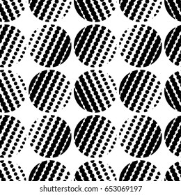 Monochrome geometric pattern with circles and dots. Modern stylish halftone texture. Seamless background. Black and white vector clip art.