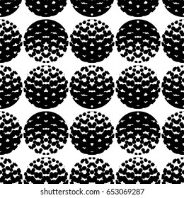 Monochrome geometric pattern with circles and dots. Modern stylish halftone texture. Seamless background. Black and white vector clip art.
