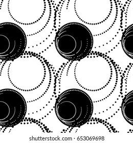 Monochrome geometric pattern with circles and dots. Modern stylish halftone texture. Seamless background. Black and white vector clip art.