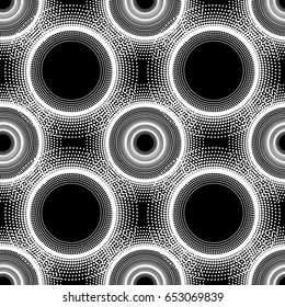 Monochrome geometric pattern with circles and dots. Modern stylish halftone texture. Seamless background. Black and white vector clip art.