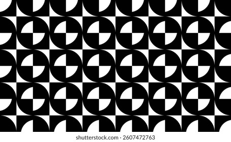 Monochrome geometric pattern consisting of divided circles, creates an interesting optical illusion with black and white contrast. Ideal for modern designs and minimalist decor