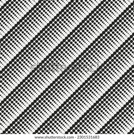 Monochrome geometric pattern. Diagonally arranged circles of different sizes. Black and white graphic striped background. Hatching with black circles at angle of 45 degrees. Universal fashion trend.