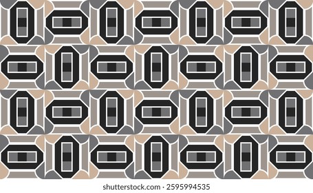 Monochrome geometric pattern with a retro touch – seamless abstract pattern. Repeating motif design with black, gray, and beige shades, creating a classic elegant look