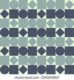 monochrome geometric pattern with squares, circles and rhombuses.