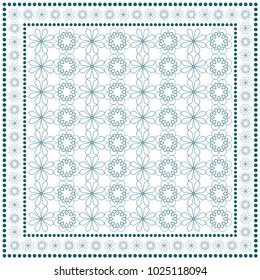 Monochrome geometric pattern for textile fabric or paper print. Tribal ethnic ornament with frame border. Bandana shawl, tablecloth, silk neck scarf, kerchief design. Vector fashion illustration