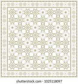 Monochrome geometric pattern for textile fabric or paper print. Tribal ethnic ornament with frame border. Bandana shawl, tablecloth, silk neck scarf, kerchief design. Vector fashion illustration