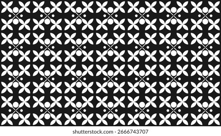 Um padrão geométrico monocromático em branco sobre um fundo preto com formas semelhantes a flores ou a cata-vento que se repetem simetricamente