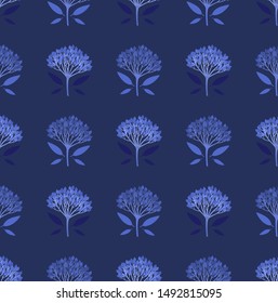 Monochrome geometric seamless pattern with bright viburnum berries and tiny leaves on dark background. Repeat symmetrical botanical pattern. Vector illustration.