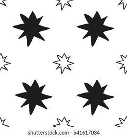Monochrome geometric seamless pattern with eight-pointed Christmas stars hand draw
