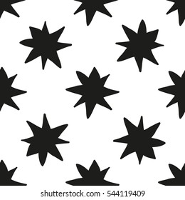 Monochrome geometric seamless pattern with eight-pointed Christmas stars hand draw