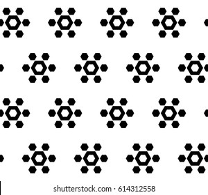 Monochrome geometric seamless pattern, simple vector texture with black geometrical hexagonal floral figures on white background. Abstract repeat illustration. Design for print, decor, furniture, web
