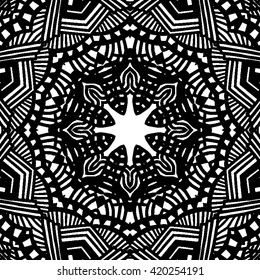 Monochrome geometric seamless pattern, monochrome sketchy background. Tribal ethnic ornament, decoration repeating texture endless pattern, vector illustration
