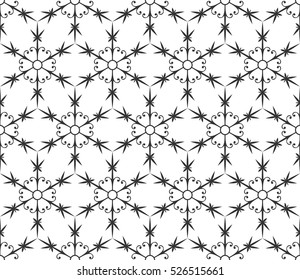 Monochrome geometric seamless pattern. Vector decorative black and white ethnic shapes, arabic, islam ornament. Modern repeat hexagonal tiles for wallpaper, fill, web page background, surface textures