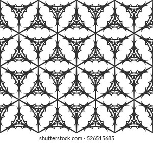 Monochrome geometric seamless pattern. Vector decorative black and white ethnic shapes, arabic, islam ornament. Modern repeat hexagonal tiles for wallpaper, fill, web page background, surface textures