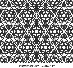 Monochrome geometric seamless pattern. Vector decorative black and white ethnic shapes, arabic, islam ornament. Modern repeat hexagonal tiles for wallpaper, fill, web page background, surface textures