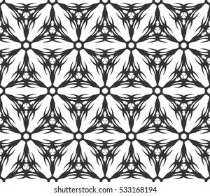 Monochrome geometric seamless pattern. Vector decorative black and white ethnic shapes, arabic, islam ornament. Modern repeat hexagonal tiles for wallpaper, fill, web page background, surface textures