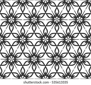 Monochrome geometric seamless pattern. Vector decorative black and white ethnic shapes, arabic, islam ornament. Modern repeat hexagonal tiles for wallpaper, fill, web page background, surface textures