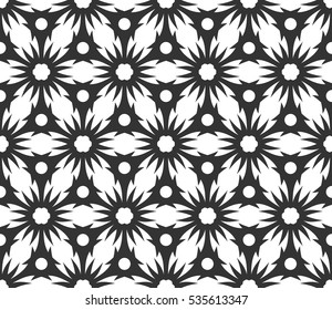 Monochrome geometric seamless pattern. Vector decorative black and white ethnic shapes, arabic, islam ornament. Modern repeat hexagonal tiles for wallpaper, fill, web page background, surface textures