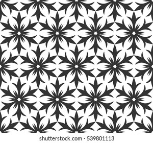 Monochrome geometric seamless pattern. Vector decorative black and white ethnic shapes, arabic, islam ornament. Modern repeat hexagonal tiles for wallpaper, fill, web page background, surface textures