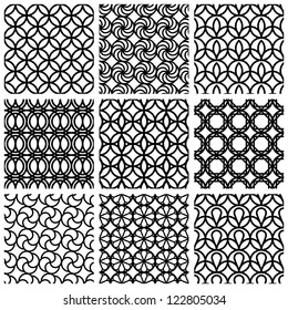 Monochrome geometric seamless patterns set, vector backgrounds collection.