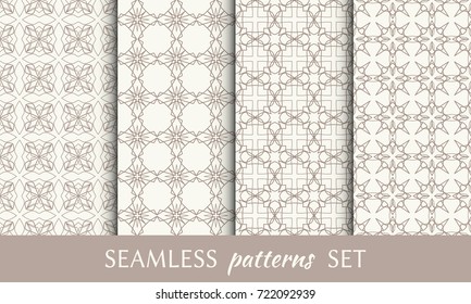 Monochrome geometric seamless patterns set. Endless trendy graphic texture for wallpaper, packaging, pattern fill, invitation, card, banner, flyer, fabric . Decorative ornamental seamless backgrounds