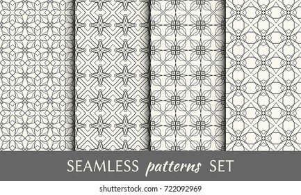 Monochrome geometric seamless patterns set. Endless trendy graphic texture for wallpaper, packaging, pattern fill, invitation, card, banner, flyer, fabric . Decorative ornamental seamless backgrounds