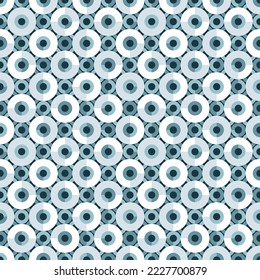 Monochrome geometric seamless vector pattern with small and large circles and semicircles. Truchet repeat minimal shapes in shades of blue for home decor, fashion and packaging.