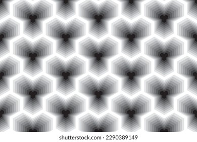 Monochrome Geometric Shape Seamless Pattern. Futuristic BNW Hexagonal Wallpaper Design. Black, grey to White Polygon Abstract Background. Saturation Contrast 3D Texture. Geometry Continuous backdrop