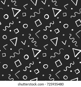 Monochrome geometric shapes pattern in Memphis style. Vector fashion texture with gray and white shape on black background for textile, wrapping paper, cover, surface, wallpaper
