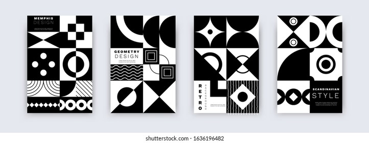 Monochrome geometric swiss posters. Bauhaus minimal pattern, abstract set of trendy placards. Vector design template isolated on grey background