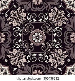 Monochrome geometric tile pattern. Floral seamless wallpaper