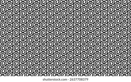 Monochrome Geometric Vector Pattern with Interlocking Hexagonal Spirals and Angular Lines, Stylish Seamless Ornament in Black and White for Modern Design