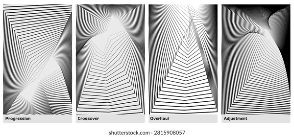 Monochrome Geometric Wireframe Tunnel Poster Set with Kinetic Polygon Folding Patterns, Progression, Crossover, Overhaul, and Adjustment Vector Line Art, Abstract Optical Illusion Background Collection