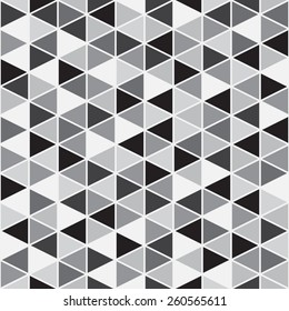 Monochrome geometrical seamless vector pattern background. Black, white, shades of grey. Triangles with white stroke. 