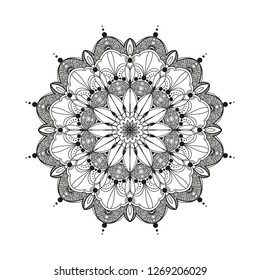 Monochrome geometrical vector mandala is isolated on a white background. Decorative element with east motives for design mehndi. Version of the page for colouring
