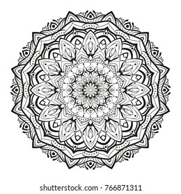 Monochrome geometrical vector mandala is isolated on a white background. Decorative element with east motives for design. Version of the page for coloring