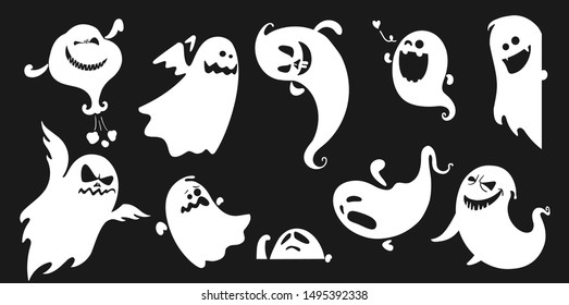 
Набор ужасов с привидением призрака монохромного призрака. Призрачная тень забавная. призрачный лист для дизайна персонажей Хэллоуина. Изолированная векторная иллюстрация.