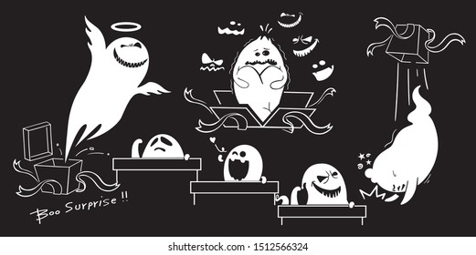 
Monochrome ghost apparition spook horror set. Ghost shadow  in the Gift Box funny.  ghost sheet for halloween character design. Isolated vector illustration.
