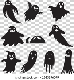 Monochrome ghost apparition spook horror set. Ghost shadow funny. ghost sheet for halloween character design for decoration and covering on the transparent background. Creepy background for Halloween.