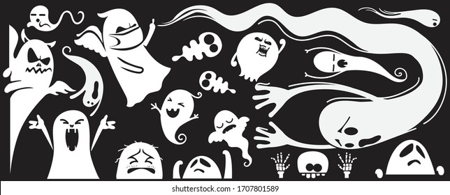 Monochrome ghost apparition spook horror set. Cartoon character cute ghost group different styles and gestures. Shadow funny.  ghost sheet for halloween character design. Isolated vector illustration.