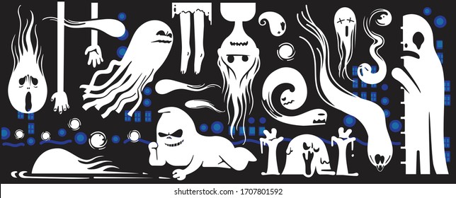 Monochrome ghost apparition spook horror set. Cartoon character cute ghost group different styles and gestures. Shadow funny.  ghost sheet for halloween character design. Isolated vector illustration.