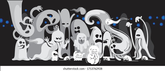 Monochrome ghost apparition spook horror set. Cartoon character cute ghost group different styles and gestures. Shadow funny.  ghost sheet for halloween character design. Isolated vector illustration.