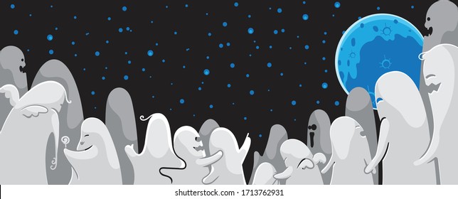 Monochrome ghost apparition spook horror set. Cartoon character cute ghost group different styles and gestures. Shadow funny.  ghost sheet for halloween character design. Isolated vector illustration.