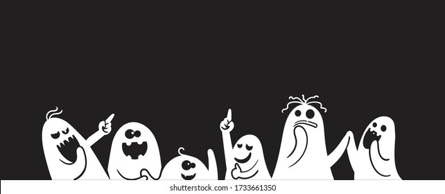 Monochrome ghost apparition spook horror set. Cartoon character cute ghost group different styles and gestures. Shadow funny.  ghost sheet for halloween character design. Isolated vector illustration.