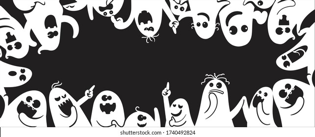 Monochrome ghost apparition spook horror set. Cartoon character cute ghost group different styles and gestures. Shadow funny.  ghost sheet for halloween character design. Isolated vector illustration.